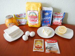 Ингредиенты для приготовления творожного пирога с консервированными персиками